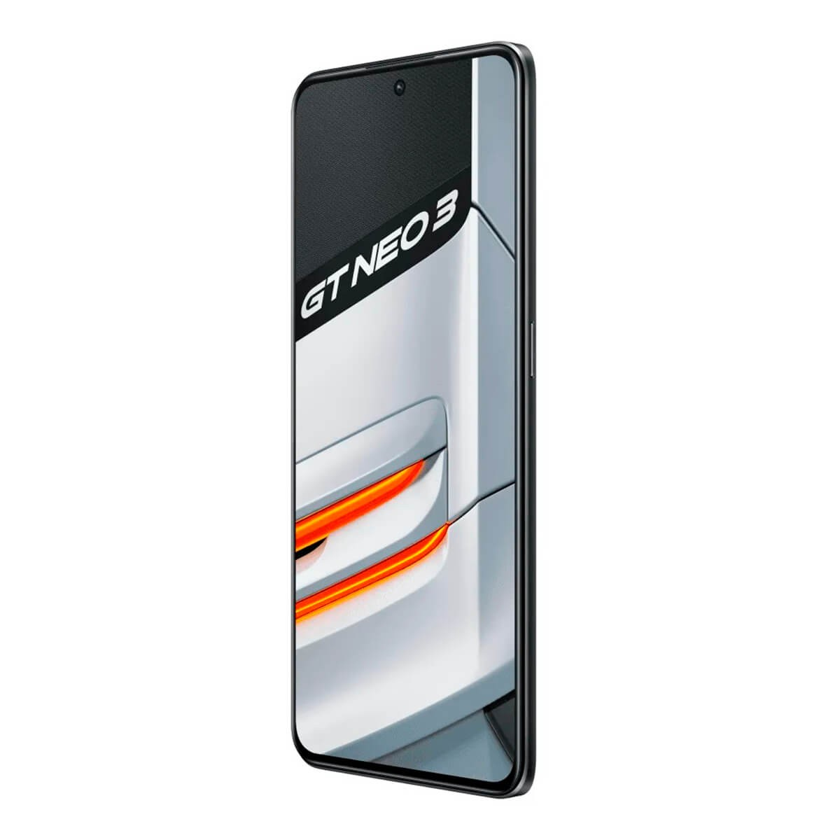 Uno smartphone mostra il logo GT NEO 3 sullo schermo con uno sfondo di design per auto.
