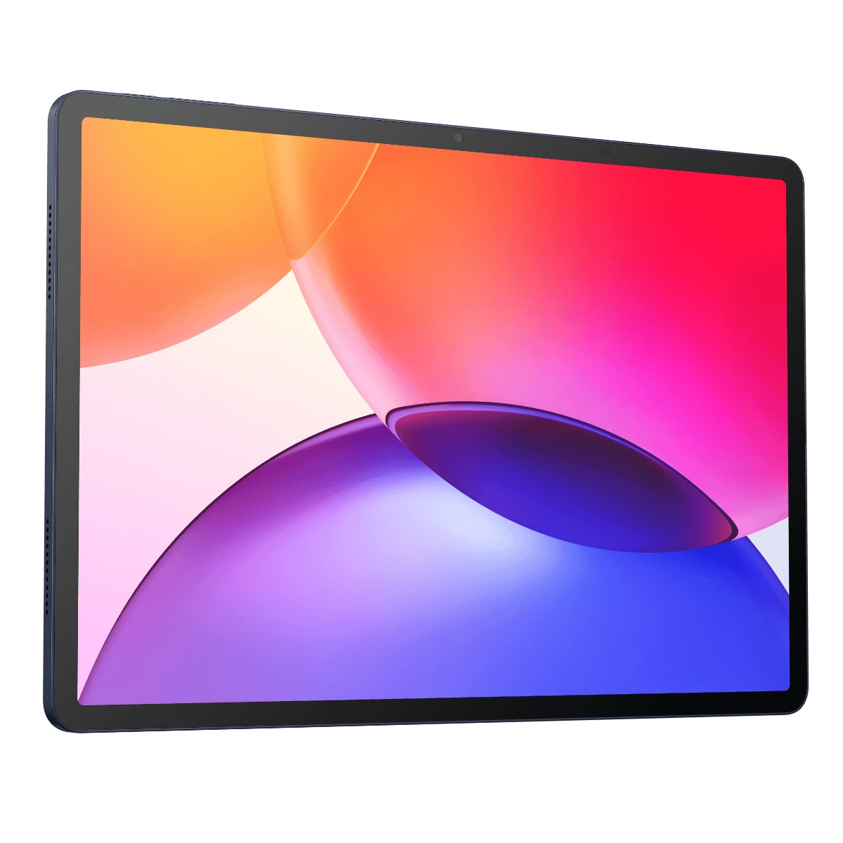 Una tableta con marco oscuro muestra un fondo de pantalla abstracto y colorido en amarillo, rosa y azul sobre fondo blanco.