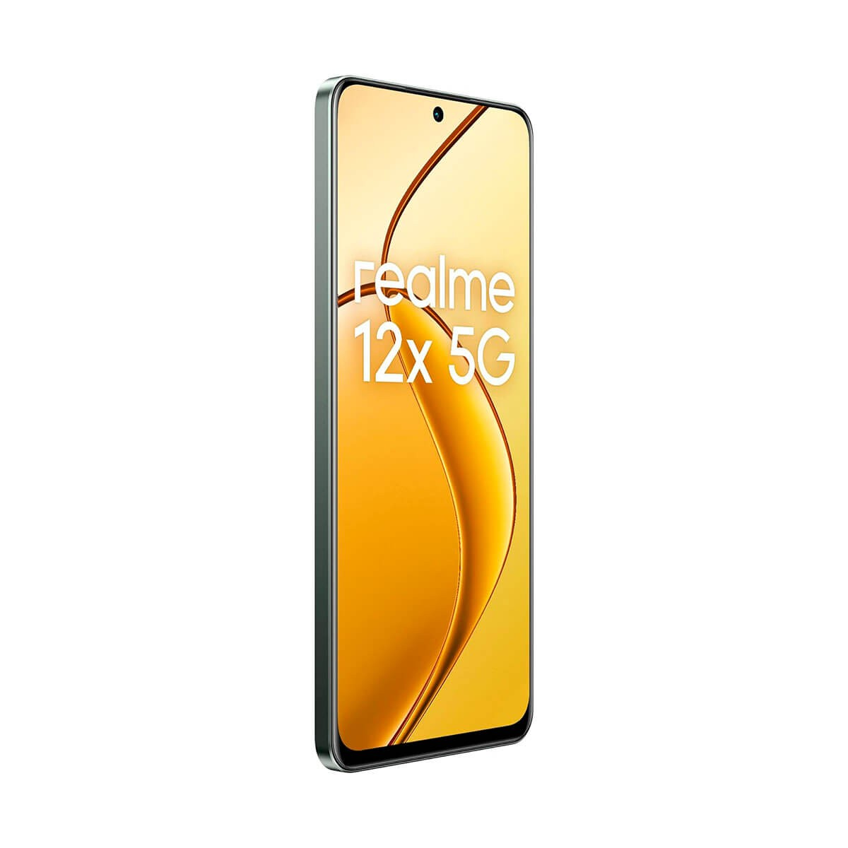 Un smartphone Realme 12x 5G argenté avec un écran doré sur fond blanc.