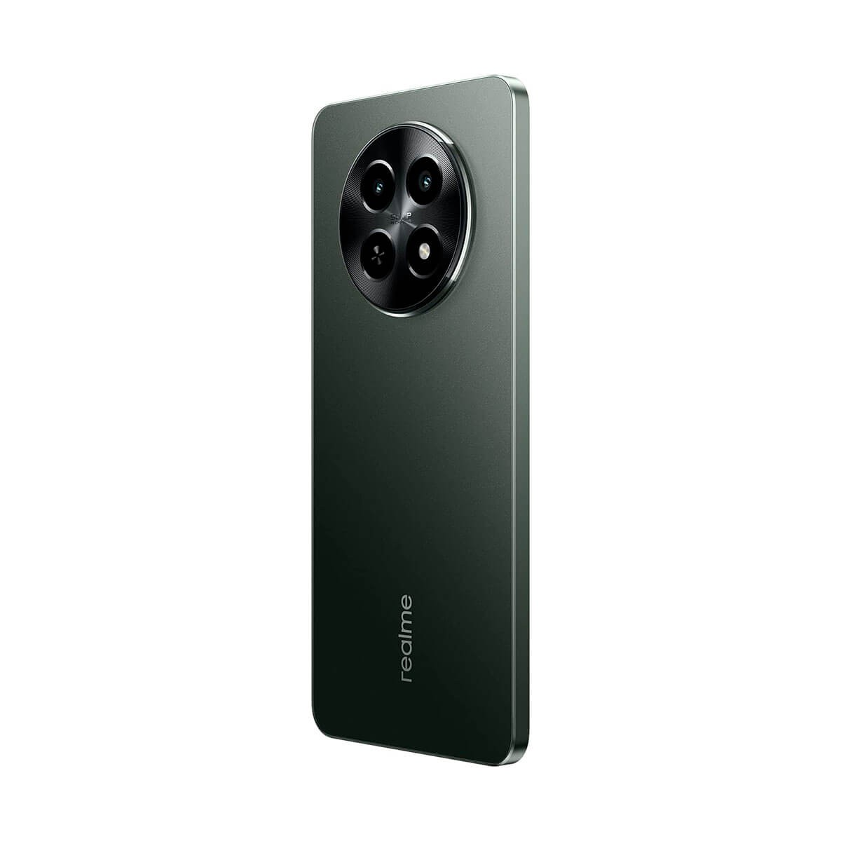 Smartphone Realme vert foncé vu de dos, avec un grand module de caméra circulaire.