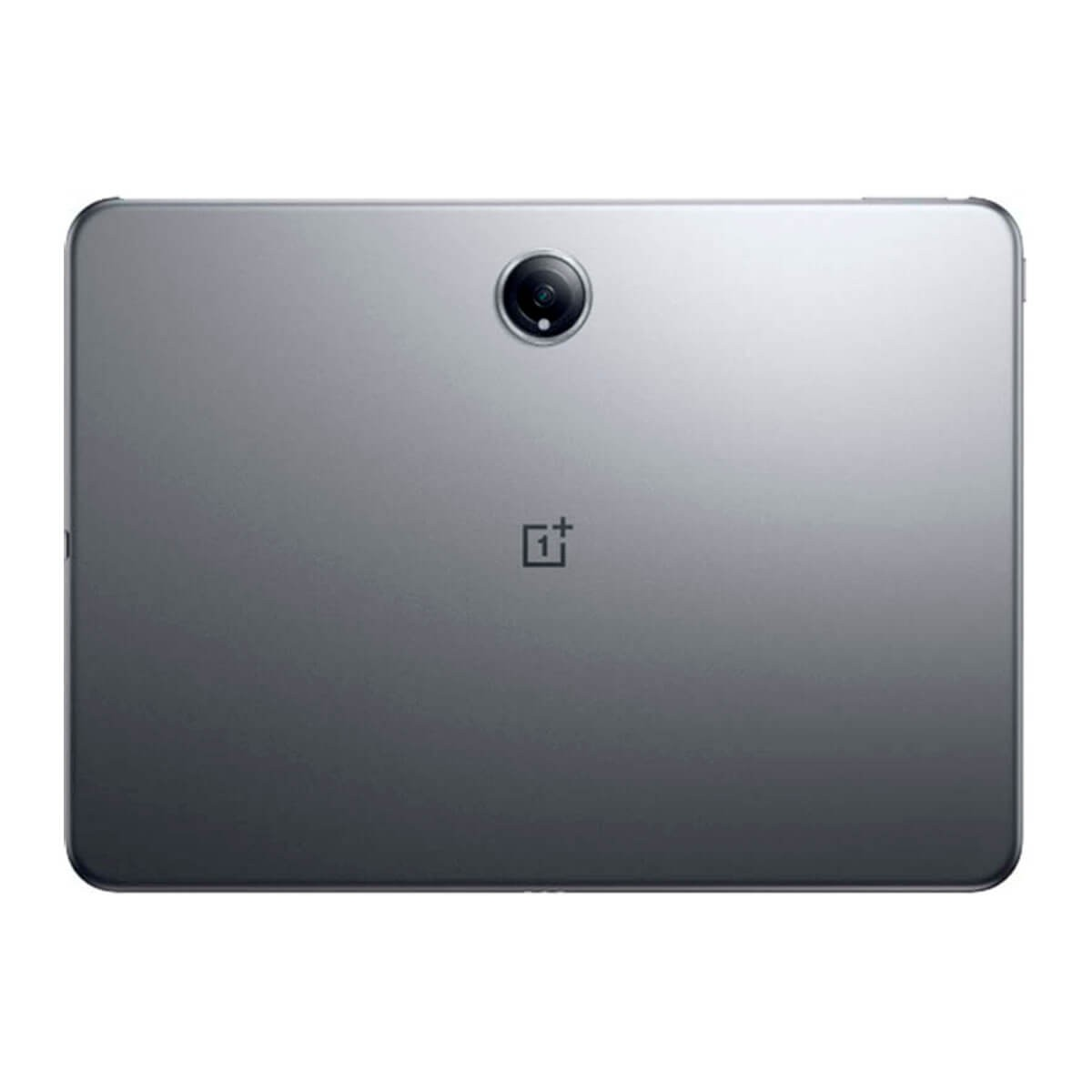 Parte trasera de una tablet gris con cámara centrada y logo de marca sobre fondo blanco.