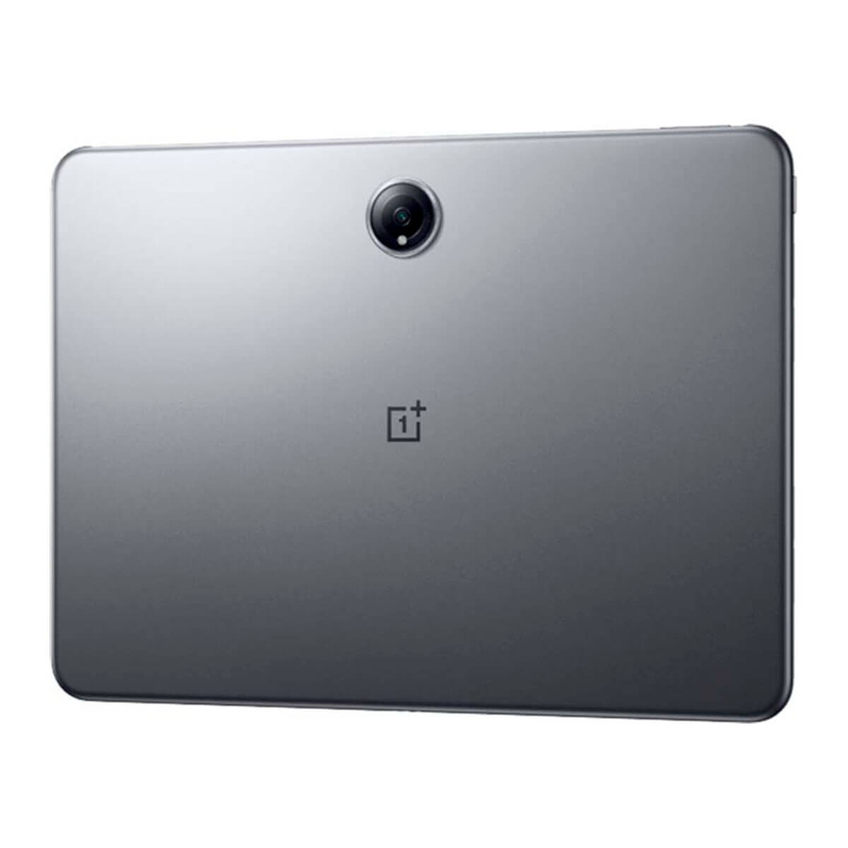 Parte trasera de una tableta gris con una cámara redonda arriba y el logotipo centrado.