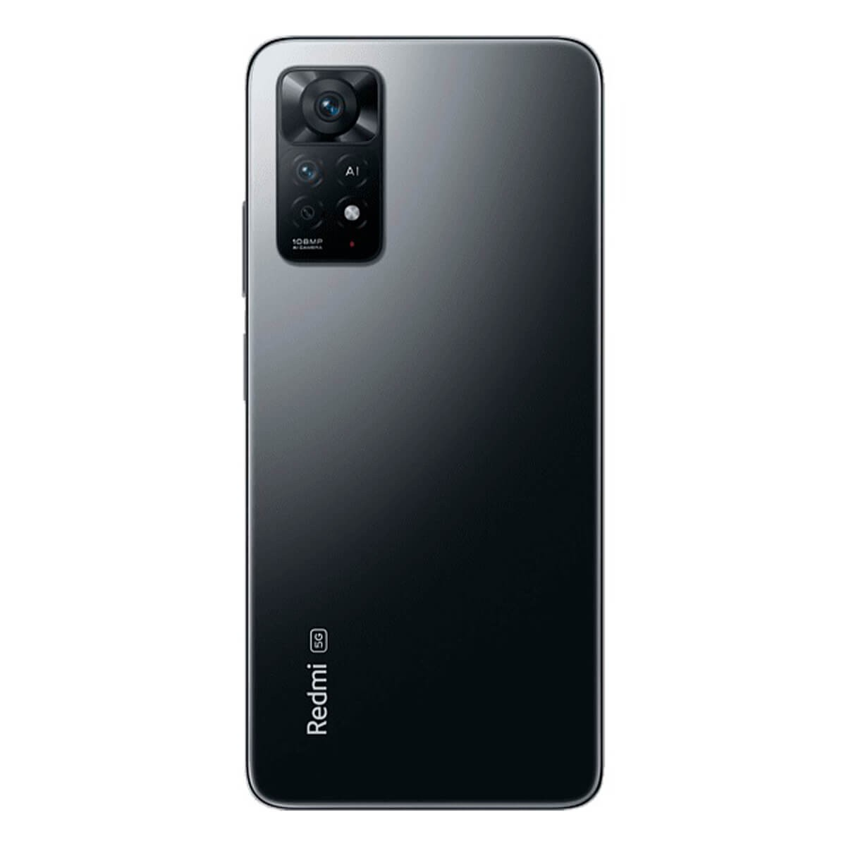 Retro di uno smartphone nero Redmi 5G con modulo fotocamera rettangolare e logo.