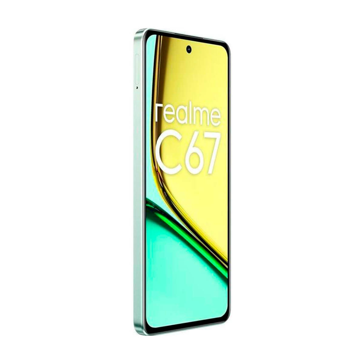 Uno smartphone Realme C67 verde con schermo giallo e verde su sfondo bianco.