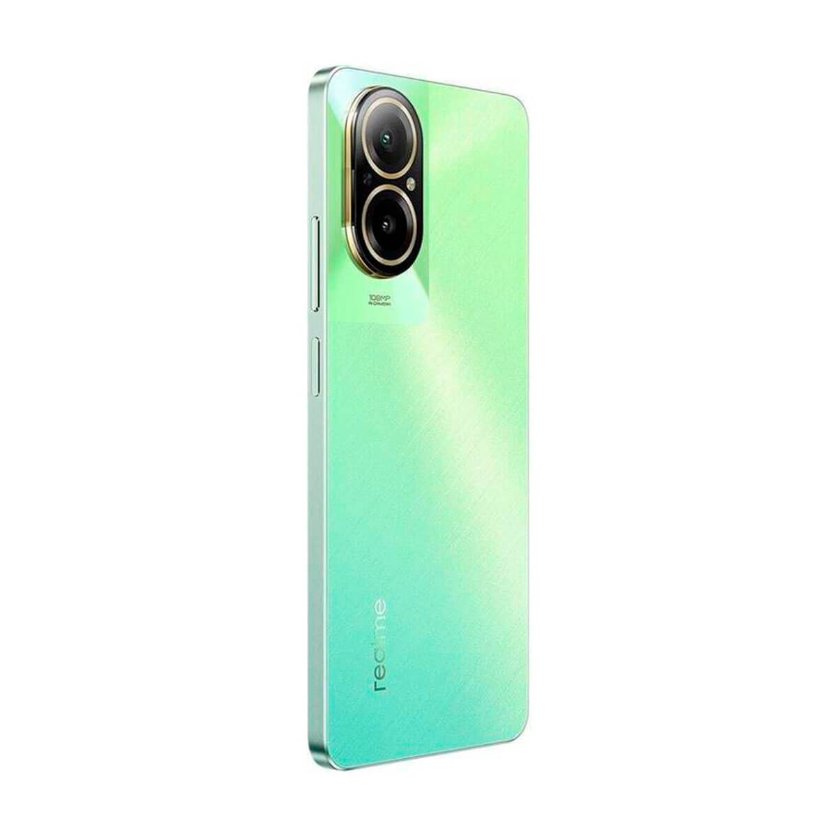 Retro di uno smartphone Realme verde menta con doppia fotocamera verticale su sfondo bianco.