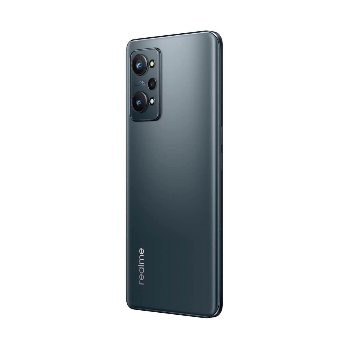 Rückseite eines dunkelgrauen Realme-Smartphones mit dreifacher Kamera und Markenlogo.