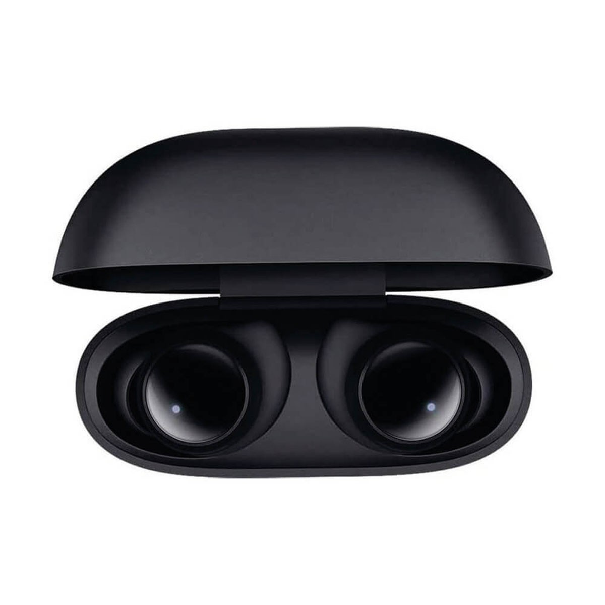 Un estuche de carga de auriculares inalámbrícos negro abierto con dos puntos LED azules brillantes.