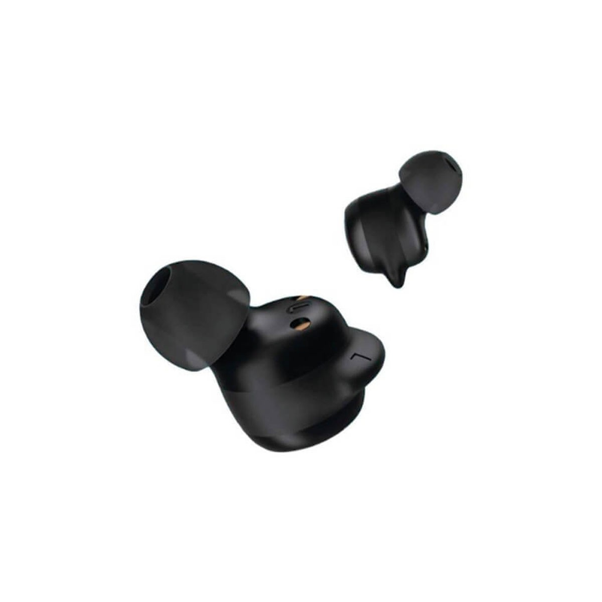 Dos auriculares inalámbricos negros sobre un fondo blanco.