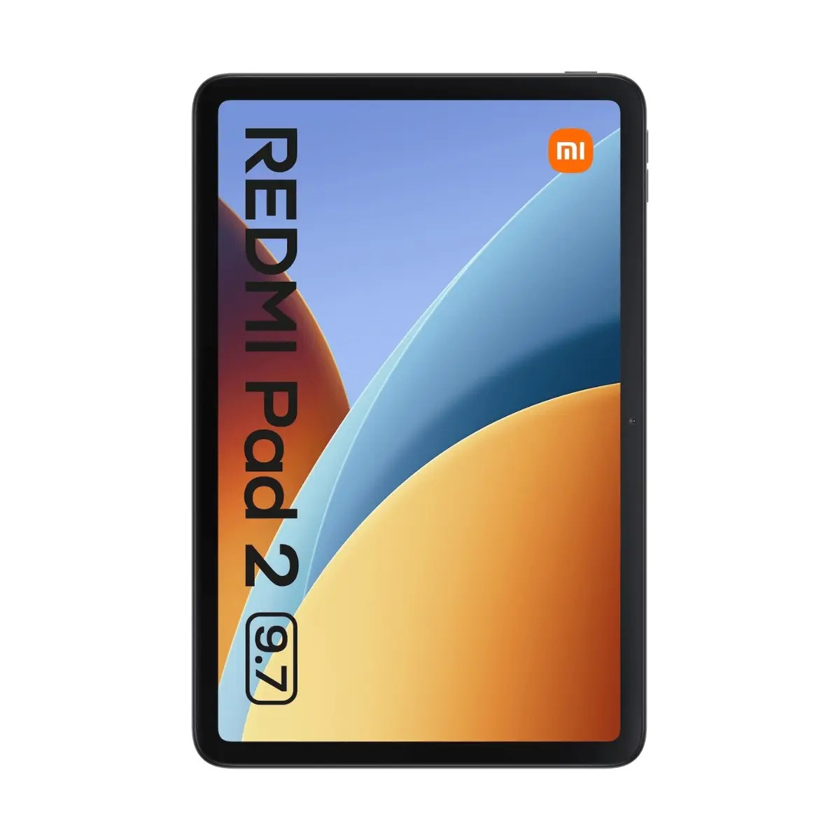 Un Redmi Pad 2 nero con sfondo colorato e logo Xiaomi.