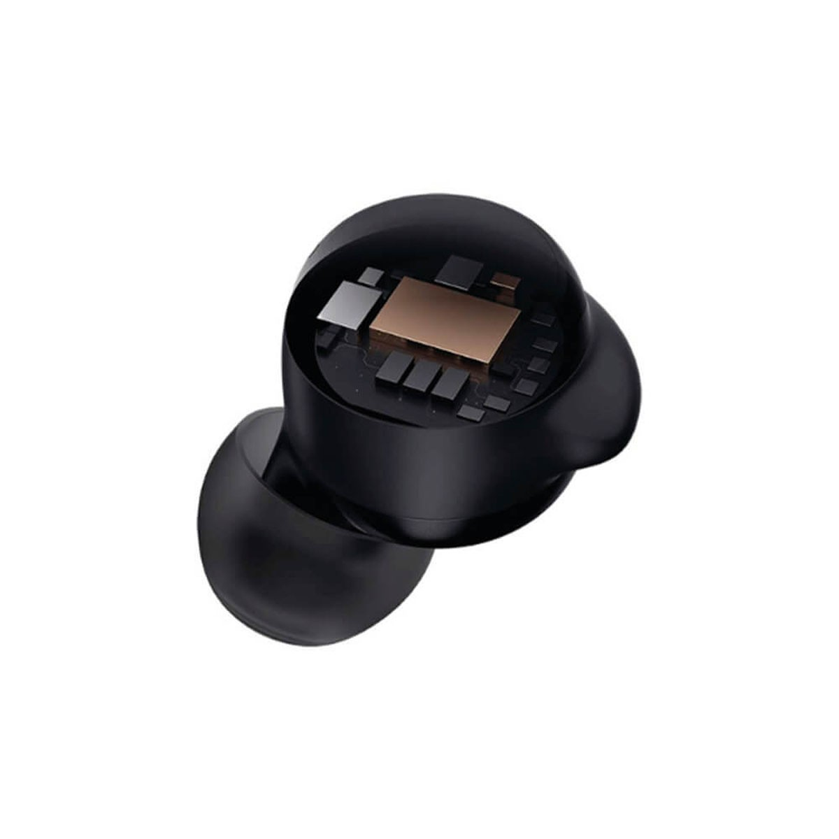 Un auricular inalámbrico negro con microchips internos y componentes visibles en la parte superior.