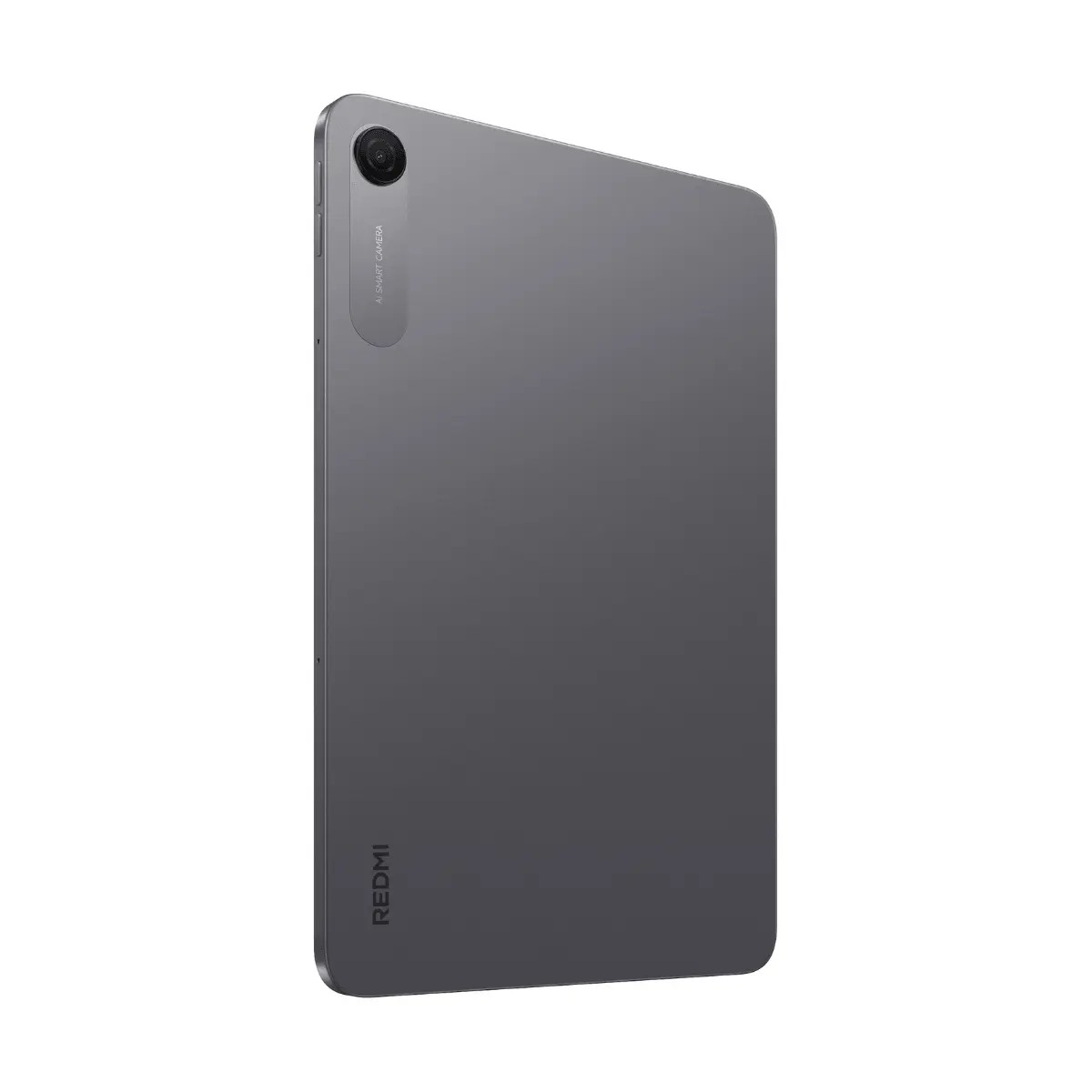 Vista posteriore di un tablet Redmi grigio con singolo modulo fotocamera e logo su sfondo bianco.