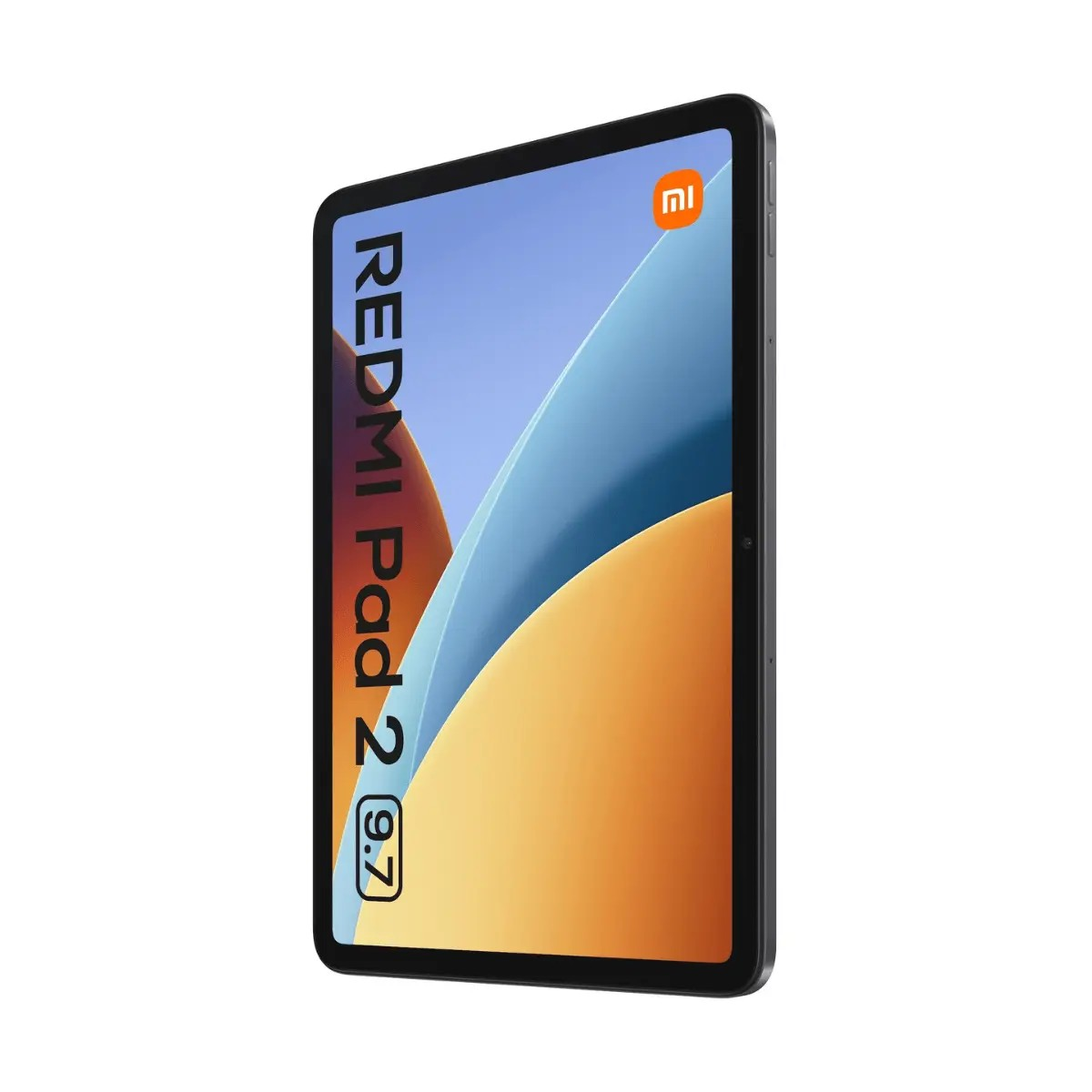 Un tablet Xiaomi Redmi Pad 2 nero con sfondo blu e arancione sullo schermo.