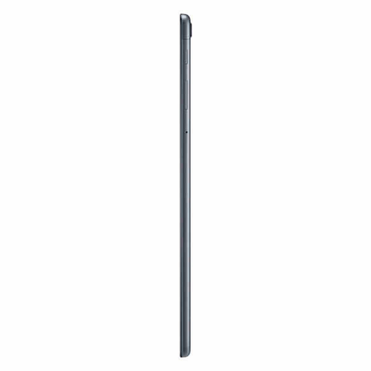 Vista laterale di un tablet sottile e grigio con tasti su sfondo bianco.
