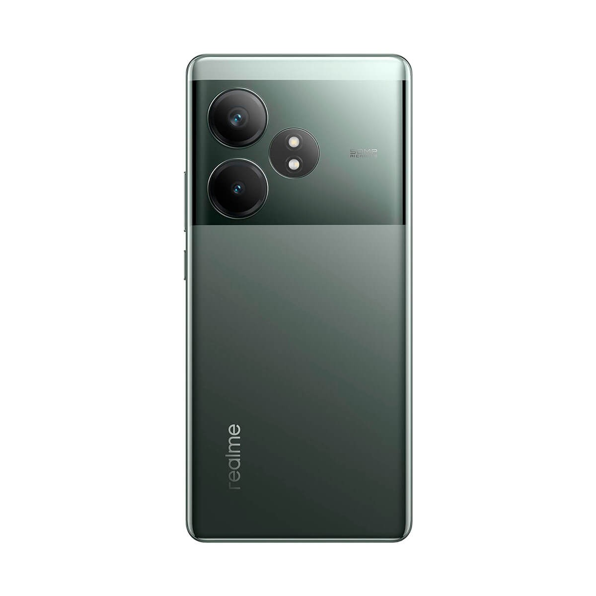 Retro di uno smartphone Realme grigio con due grandi obiettivi fotografici e un modulo in alto.