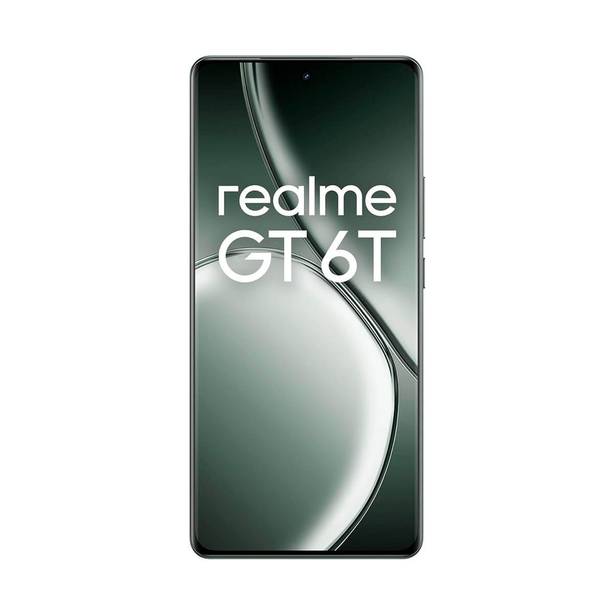 Uno smartphone mostra il logo Realme GT 6T e uno sfondo astratto su sfondo bianco.