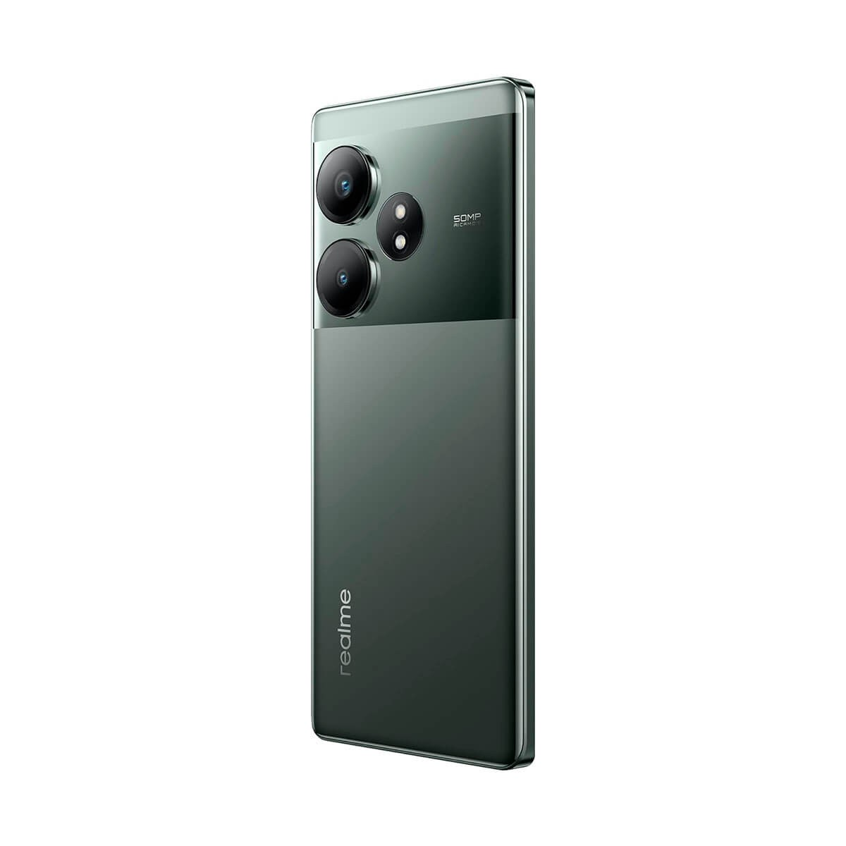 Retro di uno smartphone Realme verde con due grandi obiettivi fotografici e il logo del marchio in basso.