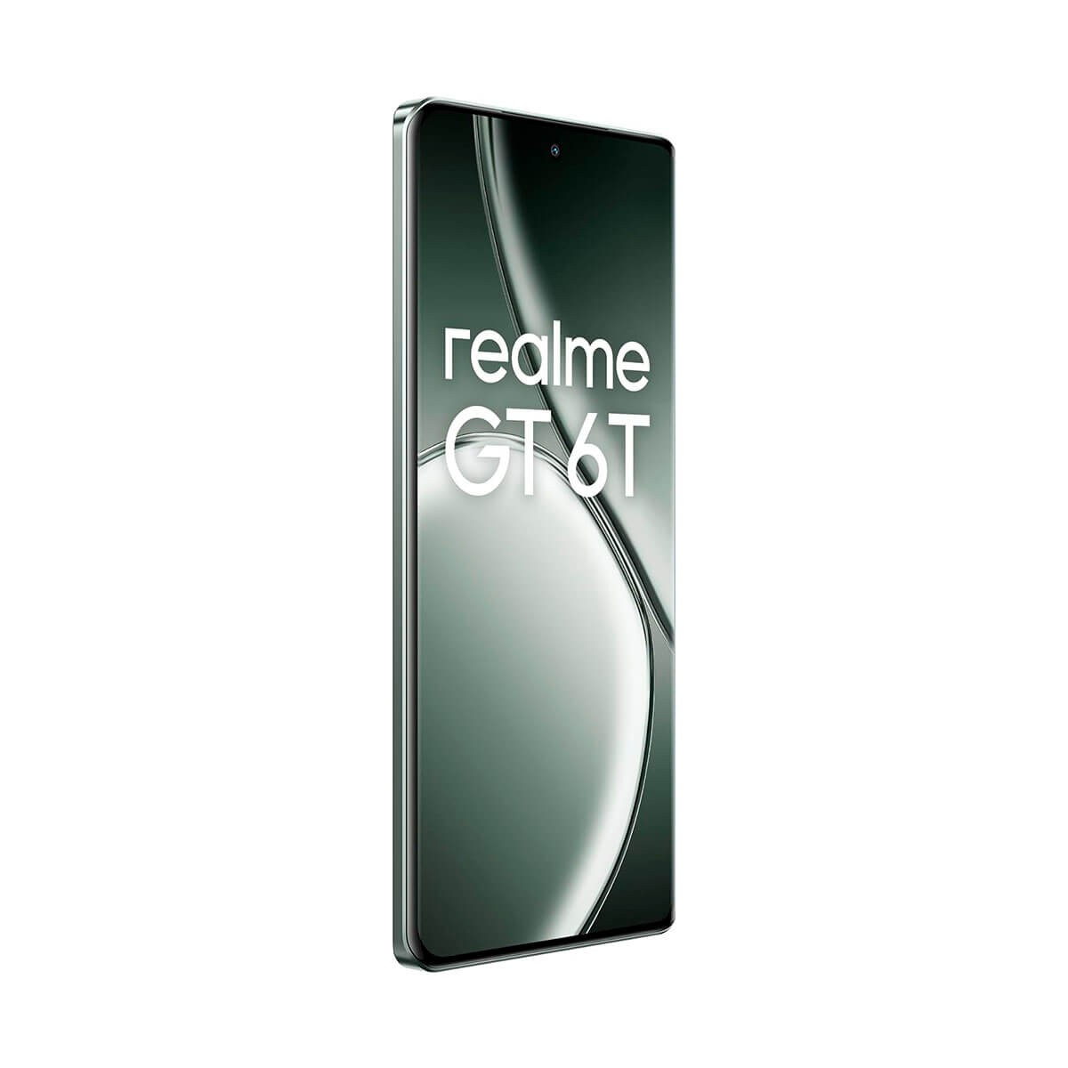 Uno smartphone che mostra il logo Realme GT 6T su uno schermo verde scuro.
