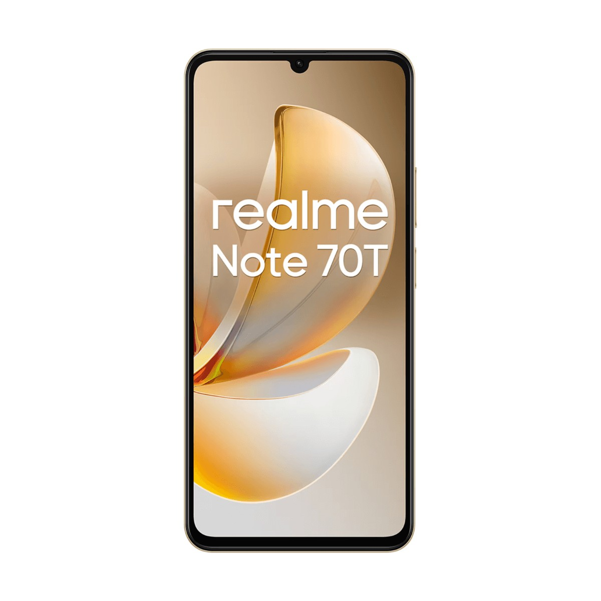 Złoty smartfon z zaokrąglonymi rogami wyświetla tekst realme Note 70T oraz grafikę przypominającą kwiat.
