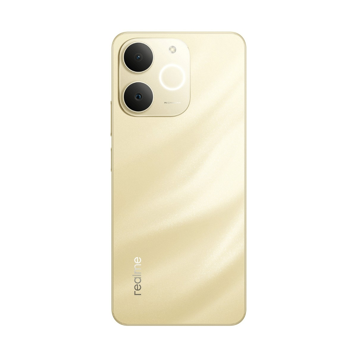 Tył złotego smartfona z podwójnym aparatem, okrągłą lampą błyskową i logo realme na dole.