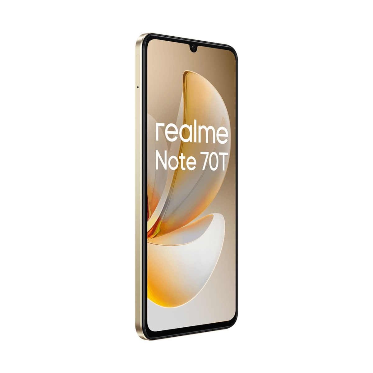 Uno smartphone realme Note 70T dorato con uno sfondo astratto a onde dorate sullo schermo.
