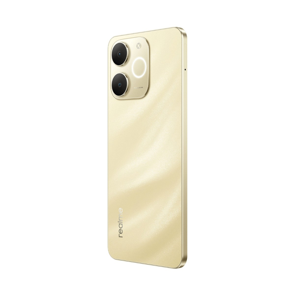 Uno smartphone Realme dorato con due fotocamere posteriori e motivo ondulato.