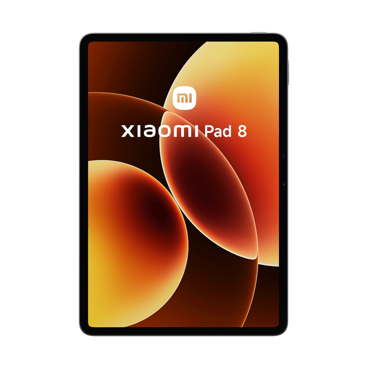 Un tablet Xiaomi Pad 8 mostra uno sfondo astratto arancione e il marchio.