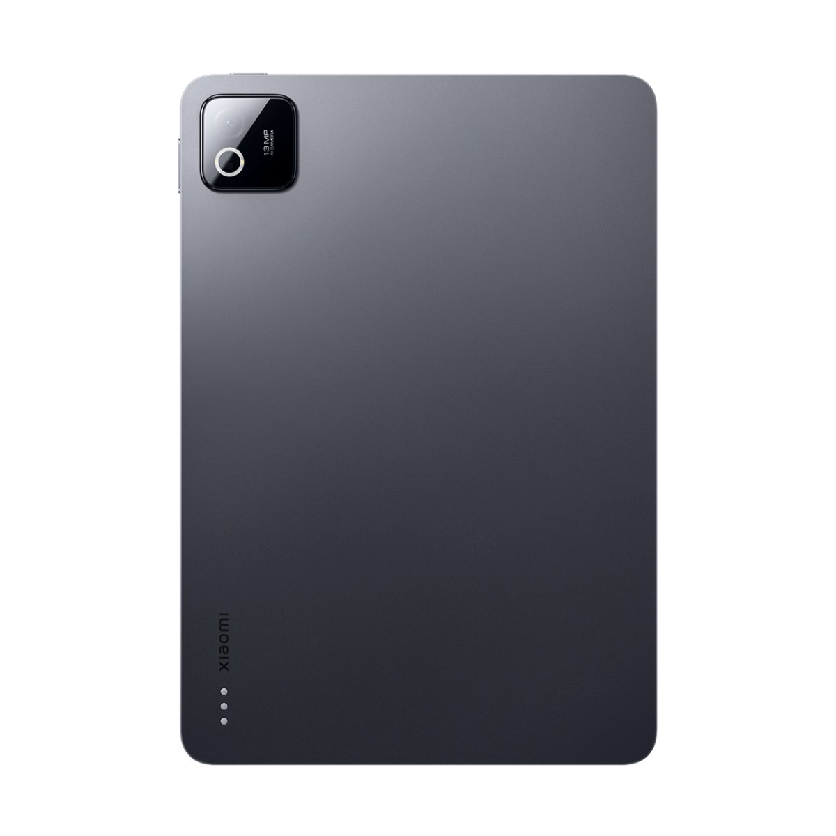 Retro di un tablet Xiaomi grigio con modulo fotocamera rettangolare.