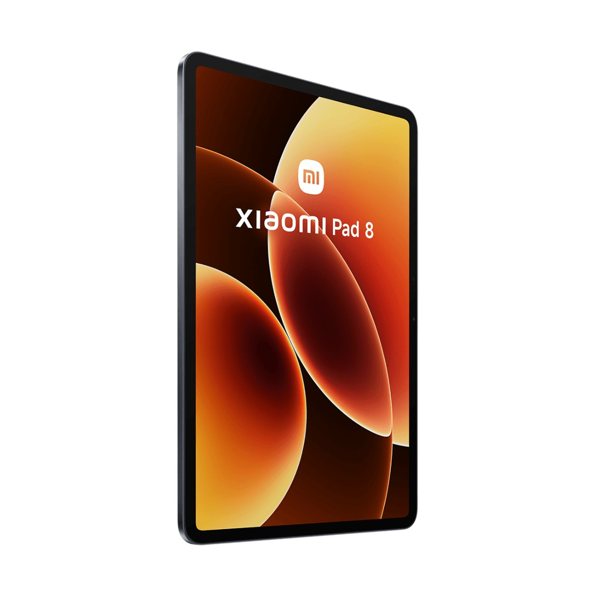 Un tablet Xiaomi Pad 8 nero inclinato a sinistra mostra uno sfondo astratto arancione con il logo.