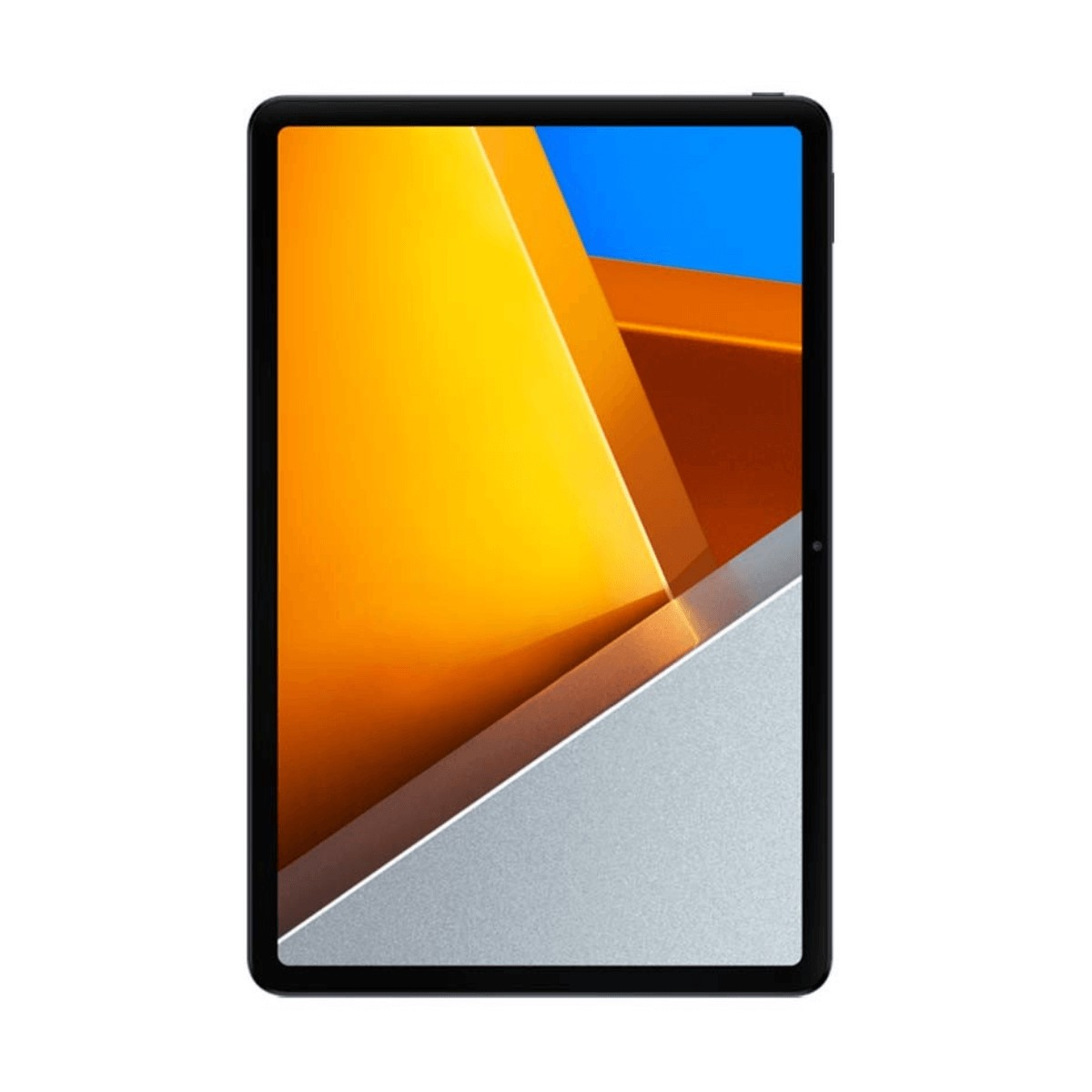 Un tablet nero mostra uno sfondo astratto con forme arancioni, blu, marroni e argento.