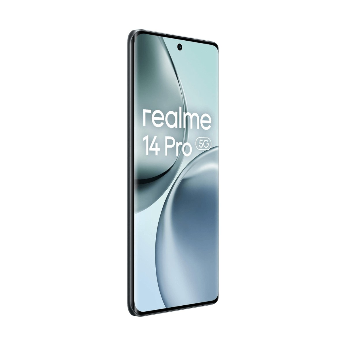 Uno smartphone nero che mostra la scritta realme 14 Pro 5G sullo schermo azzurro.