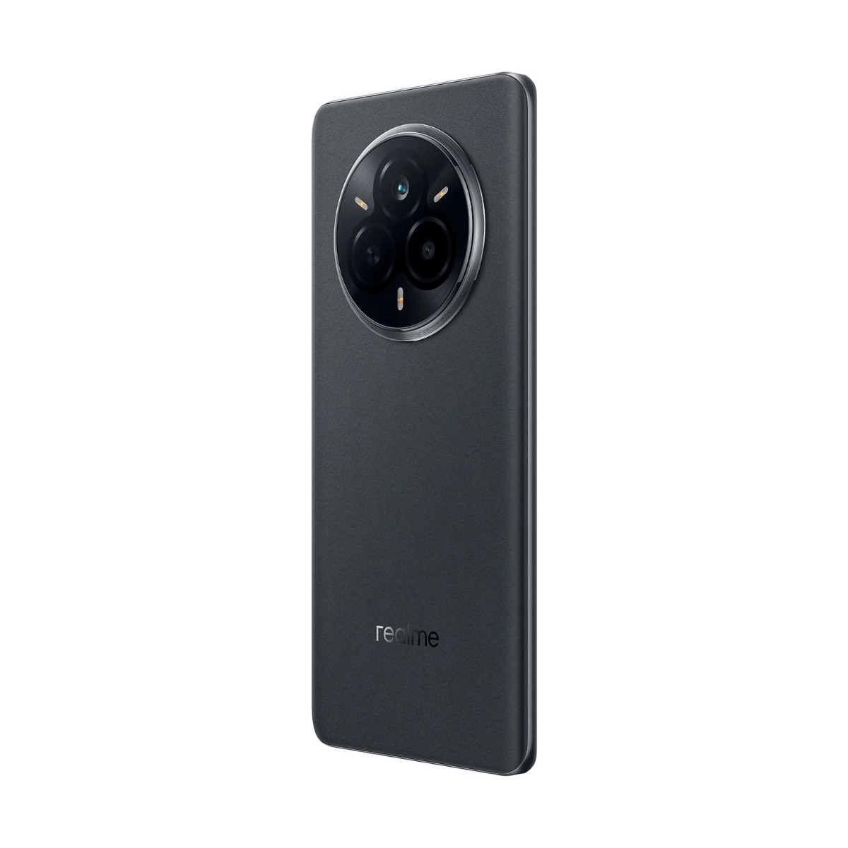 Uno smartphone grigio scuro mostra il retro con un grande modulo fotocamera circolare e il logo Realme.
