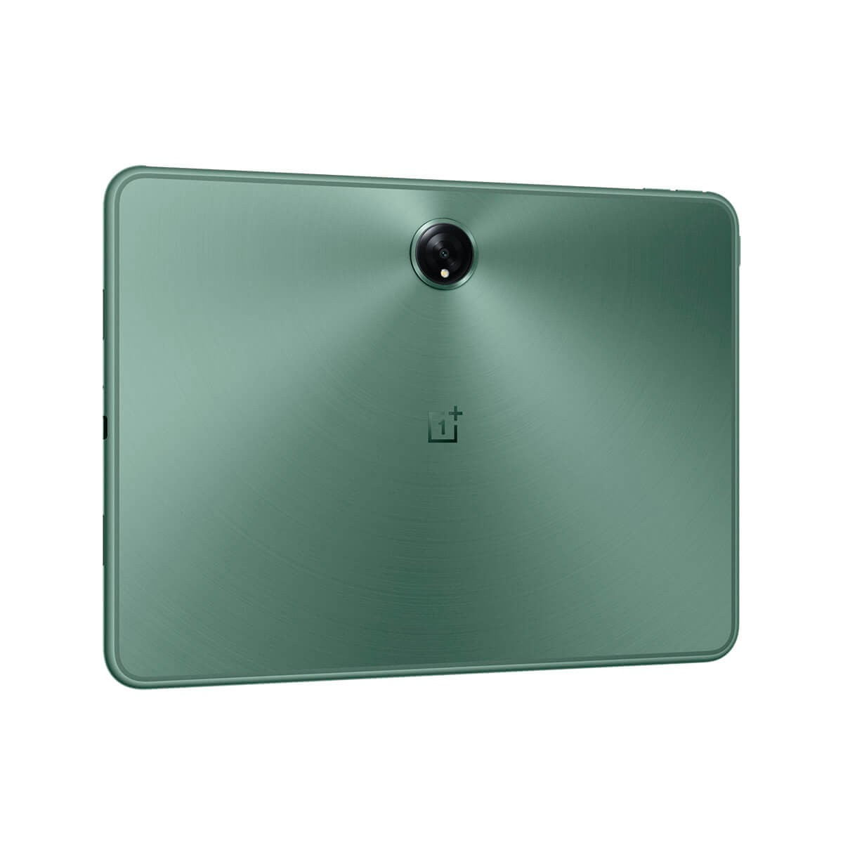 Vista posteriore di un tablet verde con fotocamera centrata e logo OnePlus su sfondo bianco.