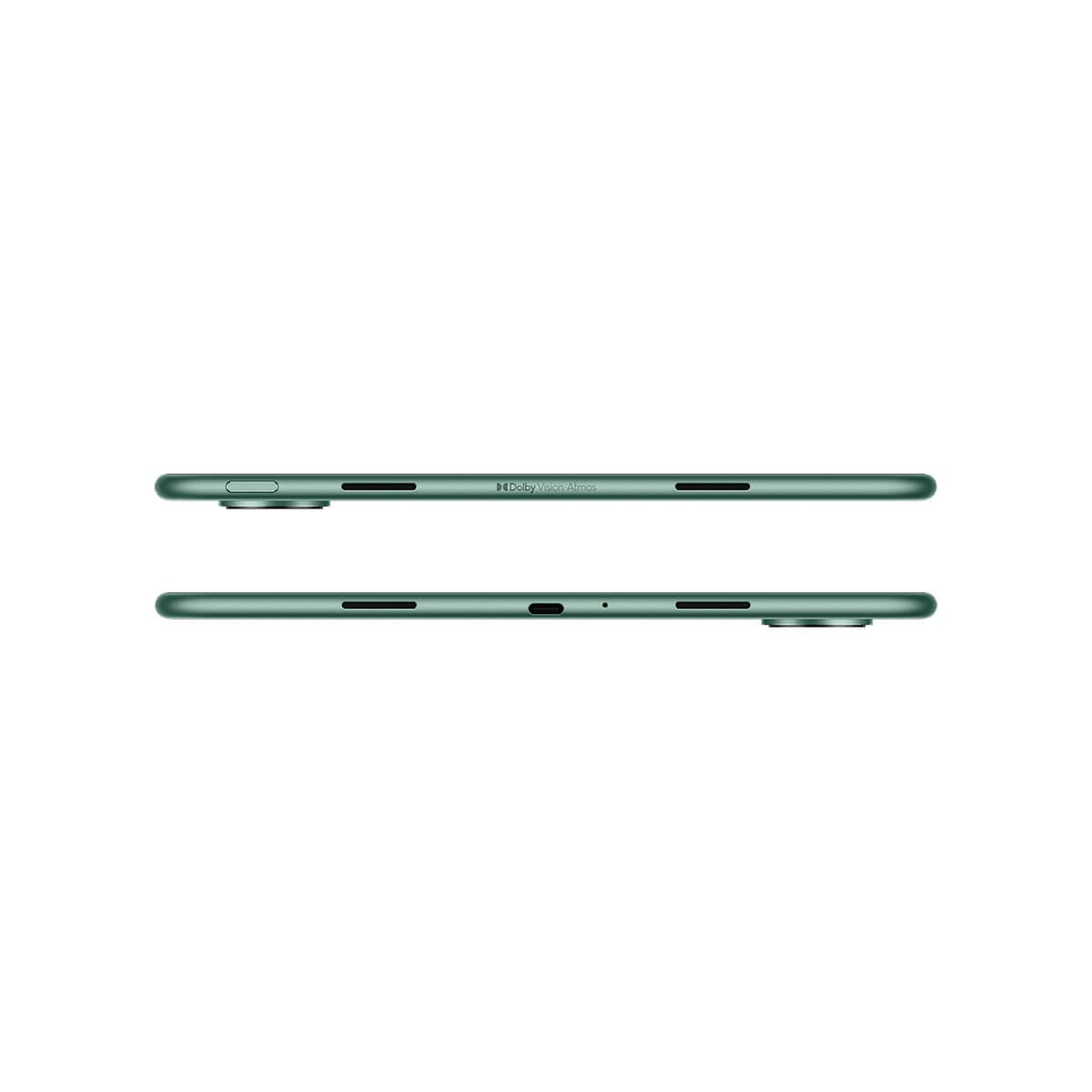 Vues latérales d'une tablette verte avec boutons et ports sur fond blanc.