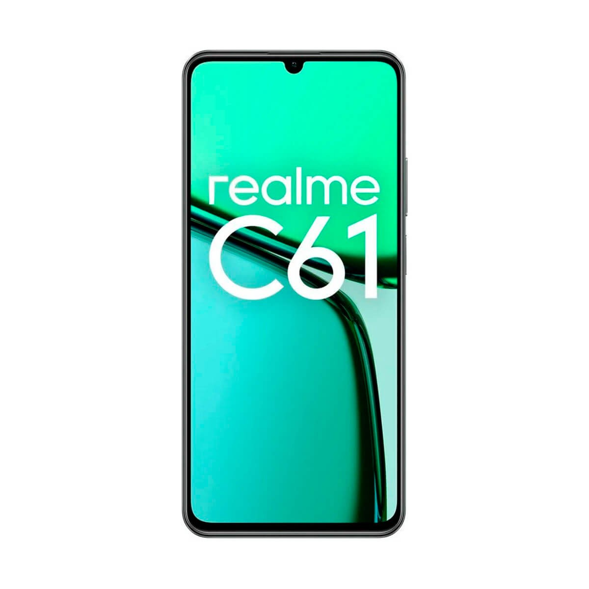 Uno smartphone Realme C61 nero con sfondo verde e testo bianco sullo schermo.