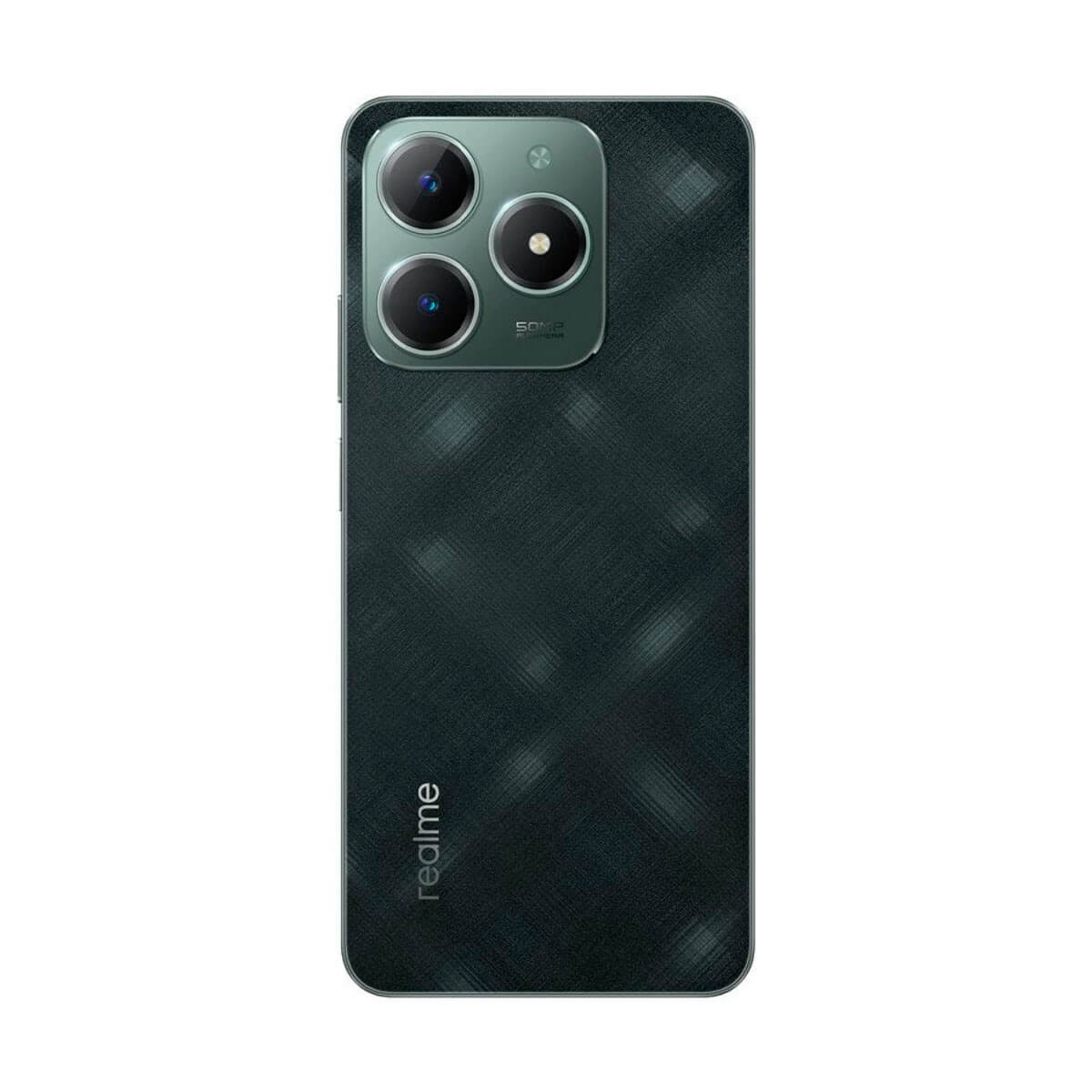 Smartphone Realme verde scuro con tripla fotocamera e retro decorato.