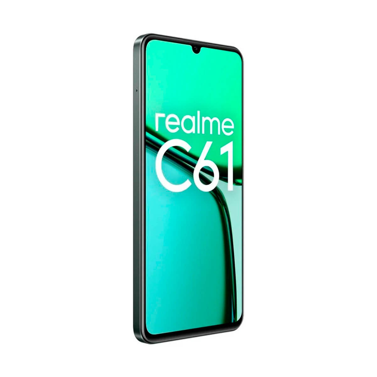 Uno smartphone Realme C61 si trova verticalmente su sfondo bianco, mostrando lo schermo verde con il marchio.
