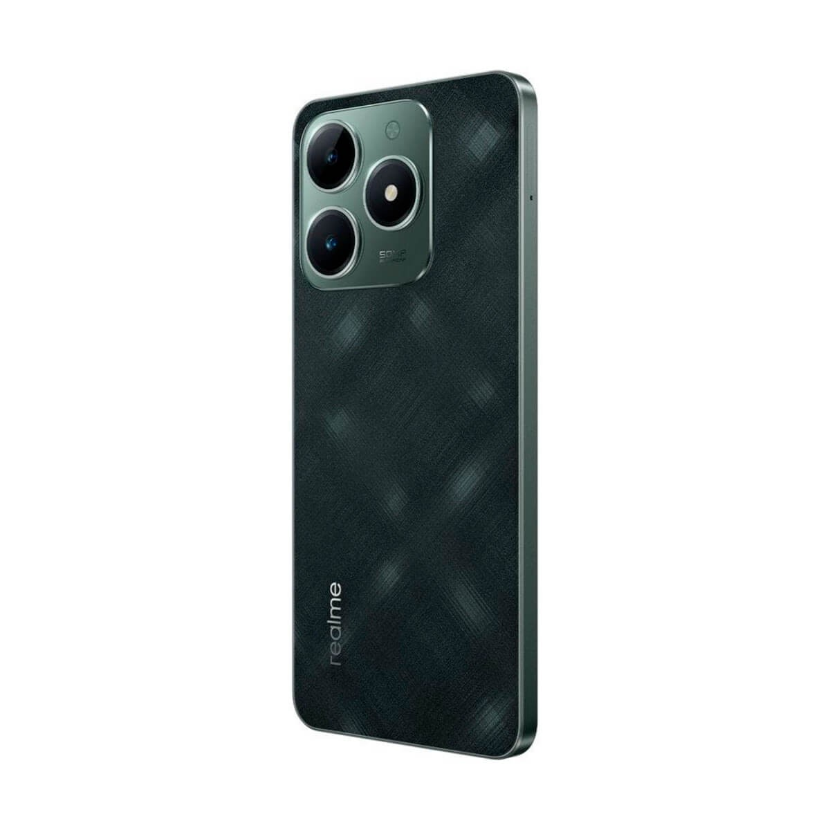 Smartphone Realme verde scuro dal retro, con tripla fotocamera e motivo a croce.