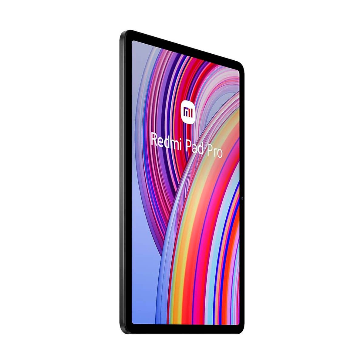 Tablet nero Redmi Pad Pro inclinato a sinistra, con schermo colorato e logo Xiaomi su sfondo bianco.