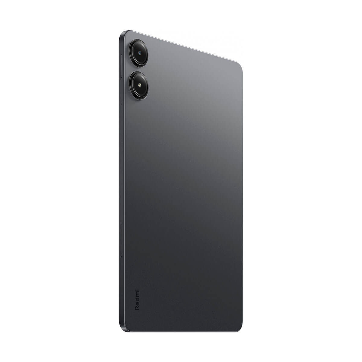 Retro di uno smartphone Redmi grigio con due fotocamere verticali su sfondo bianco.