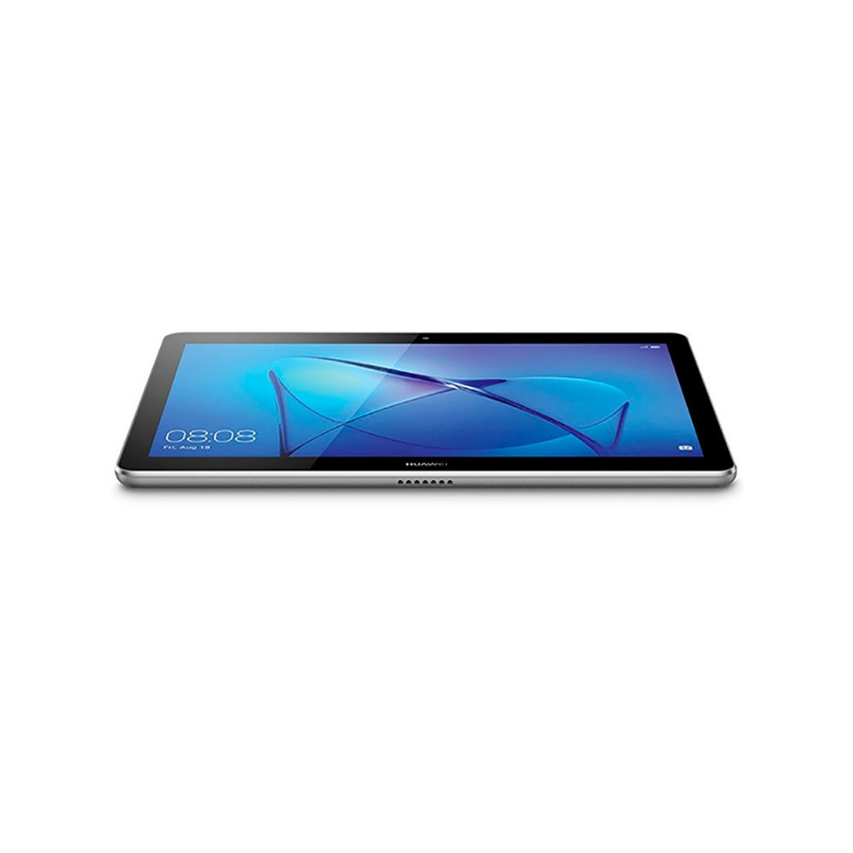 Een zilveren tablet met blauw scherm toont de datum en een abstracte grafiek tegen een witte achtergrond.