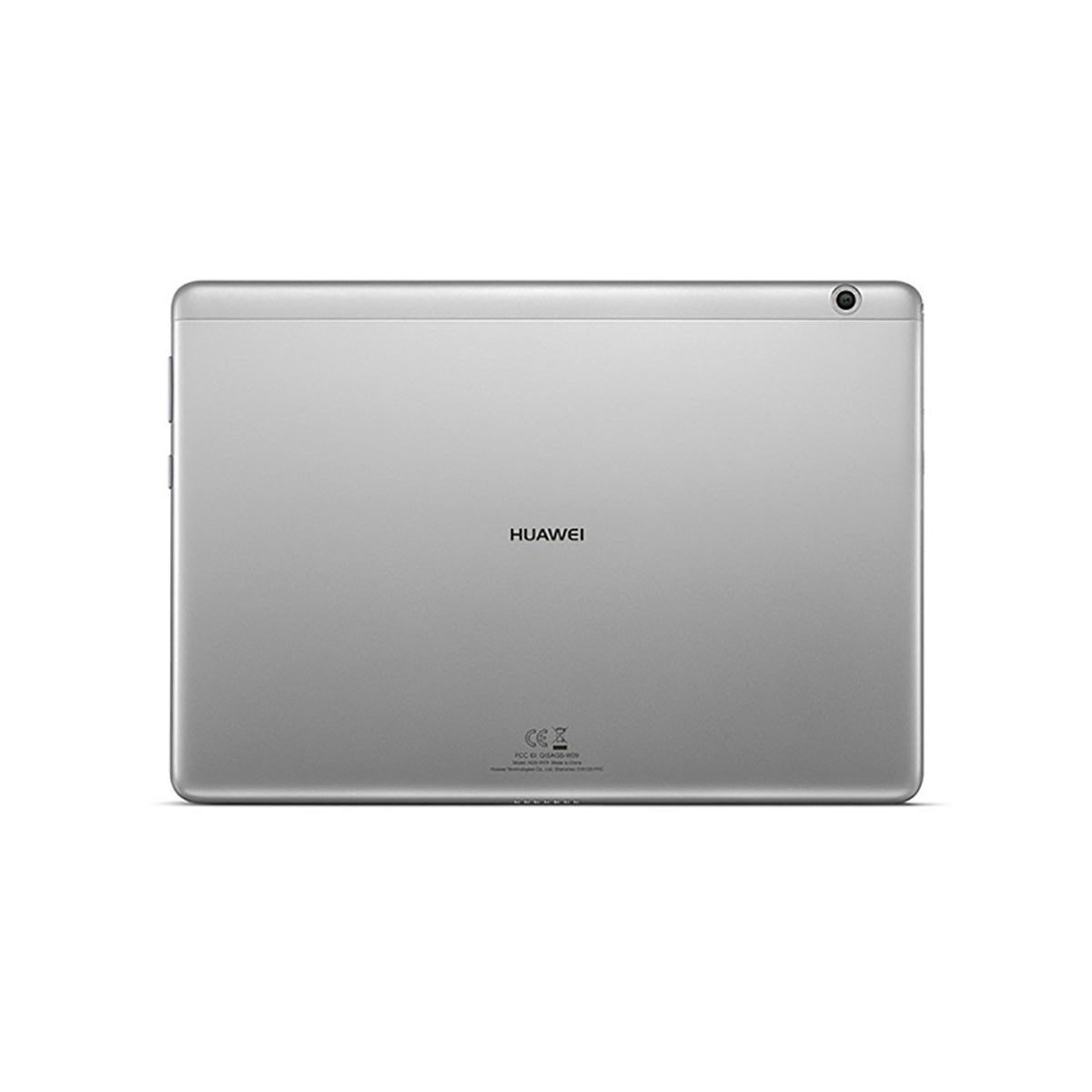 Achterkant van een zilveren Huawei-tablet met een cameralens rechtsboven en tekst onderaan.