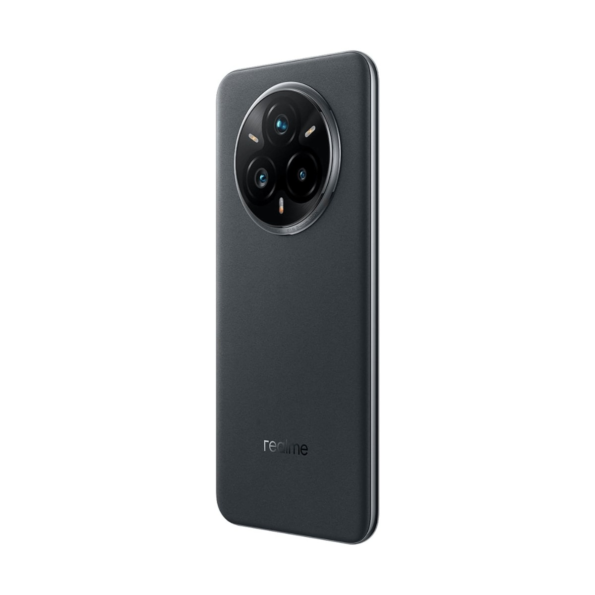 Retro di uno smartphone Realme grigio con un grande modulo fotocamera circolare in alto e il logo del marchio in basso.