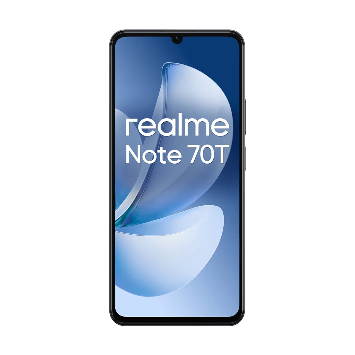 Uno smartphone Realme Note 70T nero con sfondo blu e testo bianco sullo schermo.