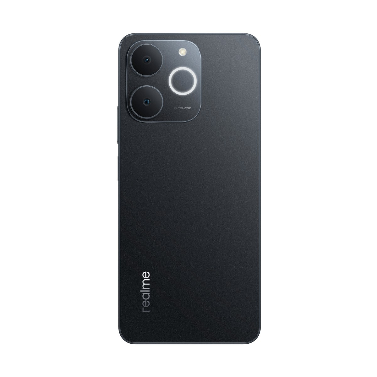 Retro di uno smartphone Realme nero con due fotocamere e un anello illuminato in alto a sinistra.