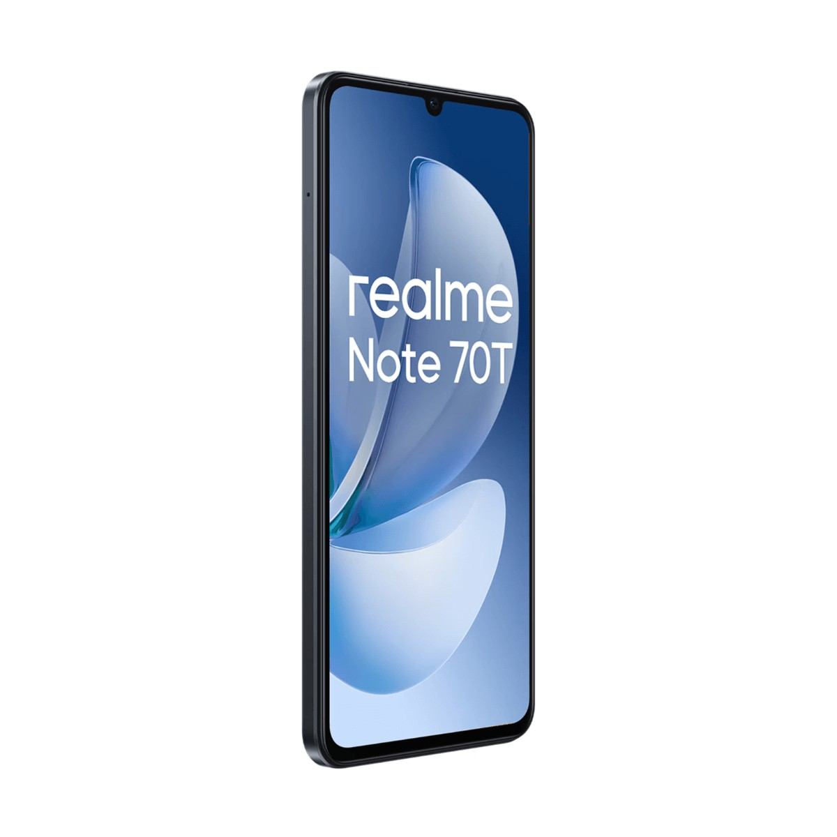 Uno smartphone nero Realme Note 70T con schermo blu e la scritta Realme Note 70T.