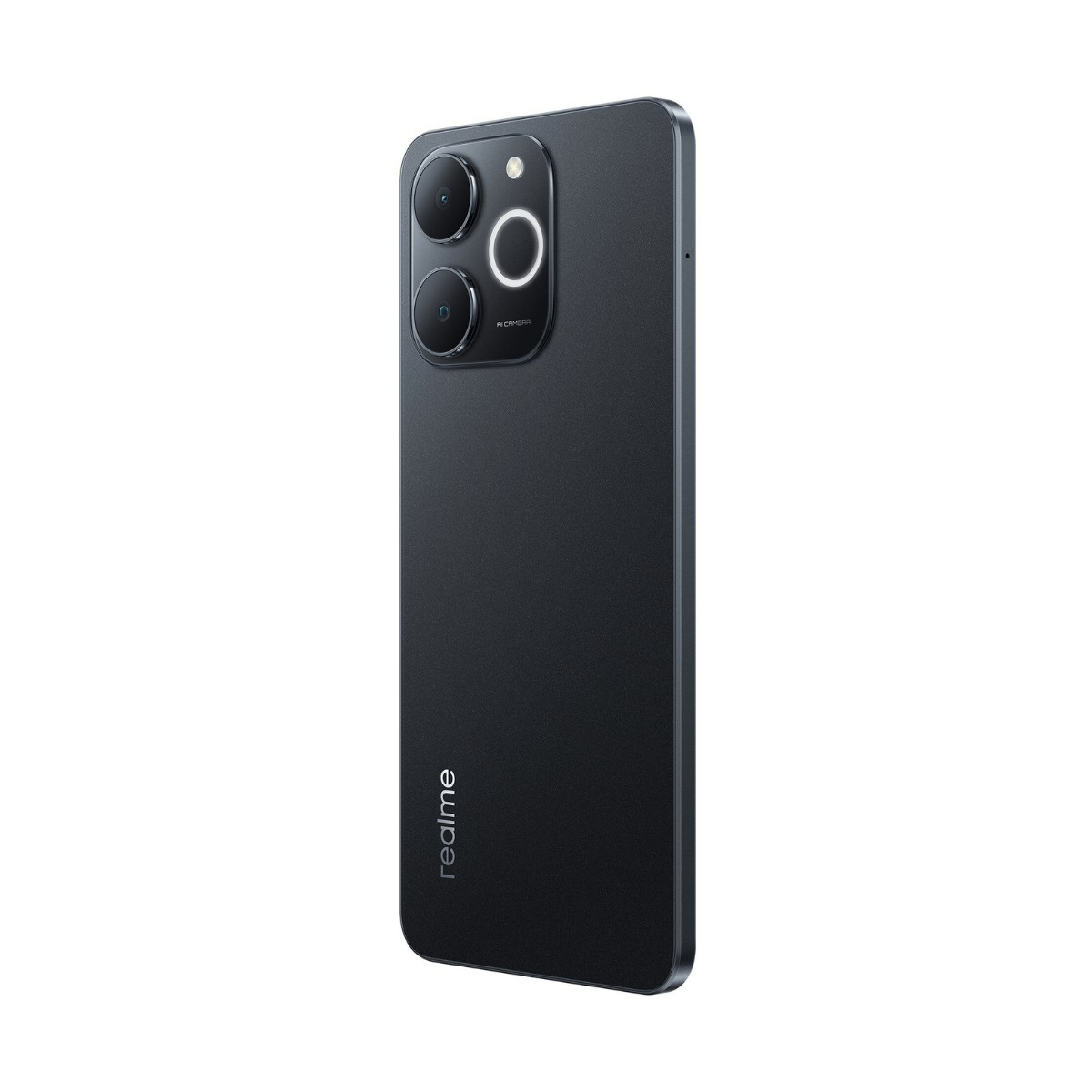 Uno smartphone Realme grigio scuro visto dal retro, che evidenzia il modulo tripla fotocamera e il logo.