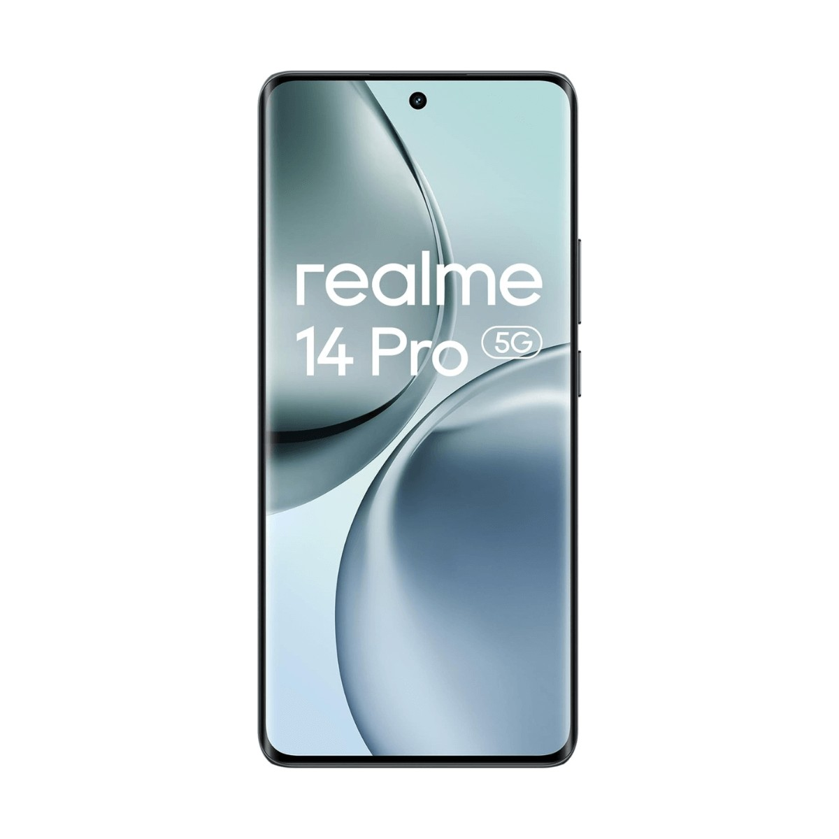 Uno smartphone nero Realme 14 Pro 5G con sfondo chiaro e logo testuale.