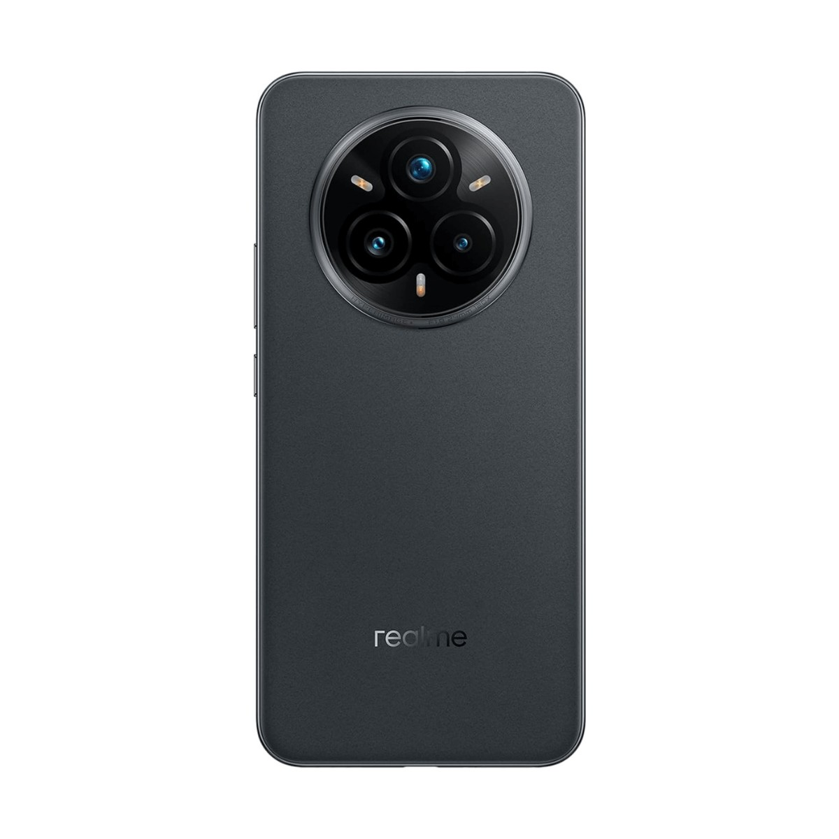 Retro di uno smartphone Realme grigio con un grande modulo fotocamera rotondo.