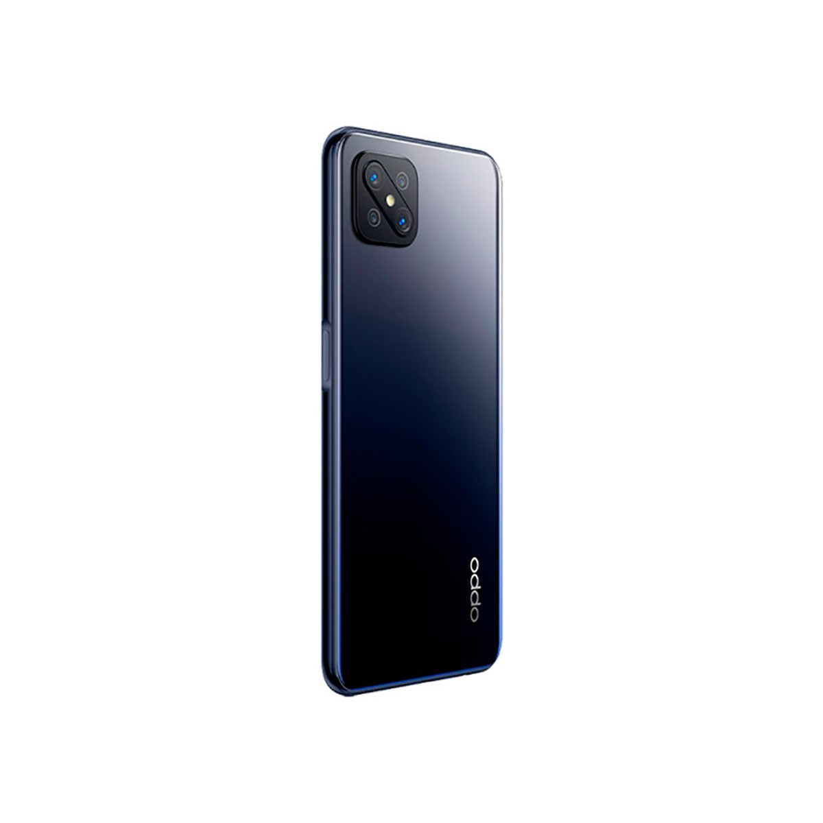 Rückseite eines blauen Smartphones mit dreifacher Kamera und Oppo-Logo.