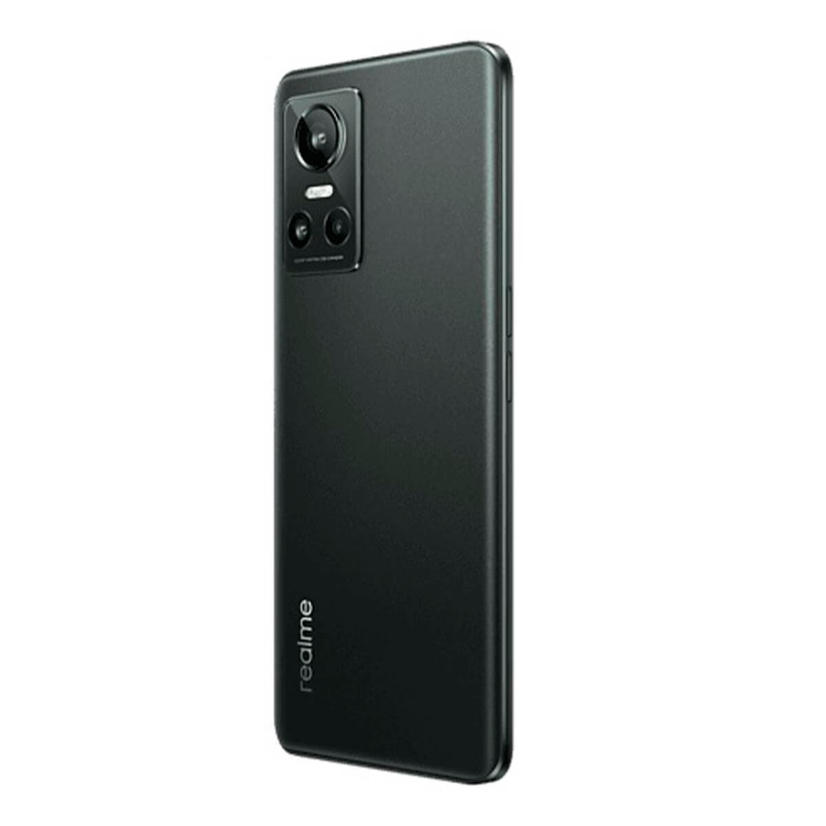Rückseite eines schwarzen Realme-Smartphones mit Triple-Kamera und Logo auf weißem Hintergrund.